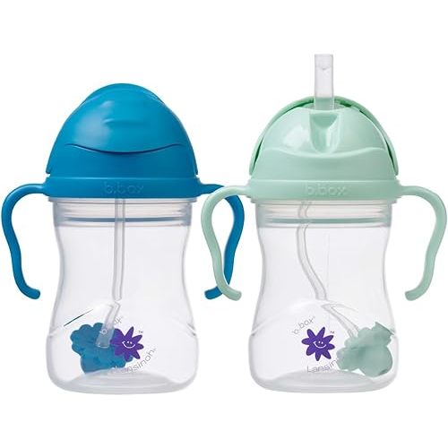 b.box + Lansinoh Weighted Straw Sippy Cup for Babies 6 Months+ (2 Pack)| Cobalt/Mermaid