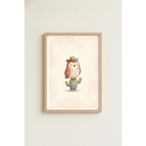 Cowboy Owl Cactus Print, Western Nursery Wall Art, Vintage Watercolor Kids Room Decor, Boho Baby Animal Poster, Digital Download
