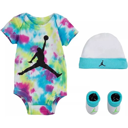 Jordan Baby Boy Tie Dye Bodysuit, Cap and Booties 3 Piece Set (White(NJ0442-001)Blue, 0-6 Months (Infant))(NJ0442G-100)