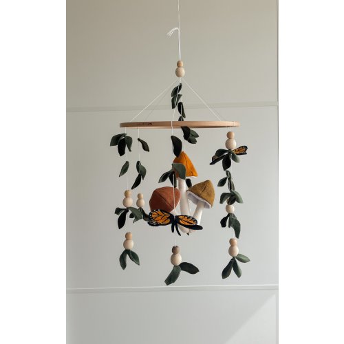 Monarch butterfly, Mushrooms Forest style baby crib mobile, Floral nursery baby mobile, Lighter and darker leaves Leaf crib mobile Butterfly
