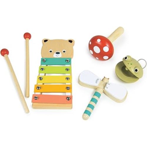 Mentari Toys - Woodland Music Set - 6pc Wooden Musical Instruments with Bear Xylophone, Frog Castanet, Toadstool Maraca and Dragonfly Clacker - Perfect for Rhythm and Fine Motor Skills - Age 3+