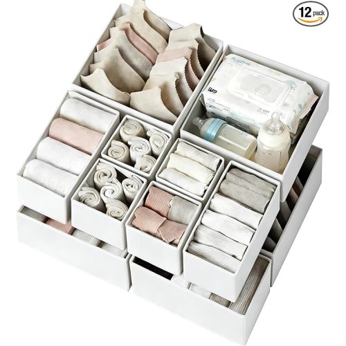 Criusia Drawer Organizer Clothes 12 Pack - Fabric Closet Organizers and Storage for Nursery Organization - Dresser Drawer Dividers for Baby Clothes/Socks/Underwear/Bras - College Dorm Room Essentials