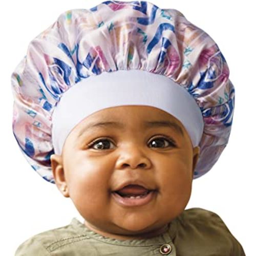 Red by Kiss Baby Satin Bonnet Sleep Cap for Infants, Soft, Stretchy, and Safe, Protects Baby Hair from Frizz & Breakage, Friction Bald Spots (Purple Ikat, 6-18M)