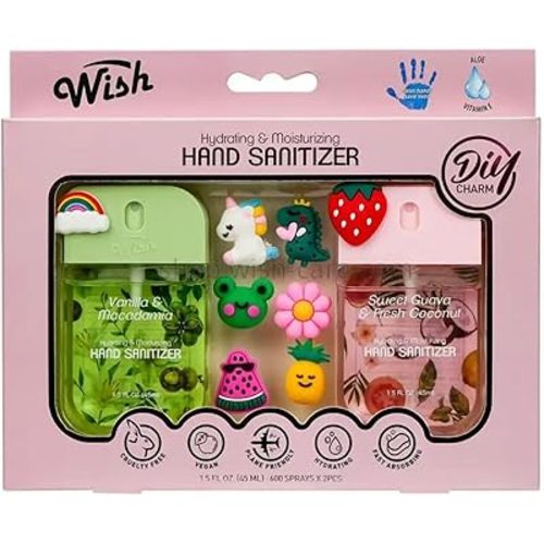 Wish Diy Charm Hand Sanitizer Spary Travel Size Spray 2-Pack Gift Box 1.5 FL OZ (45ML) Each, Dragonfruit, Coconut Cream, Golden Citrus,Cucumber,Sweet Guava Hydrating and Moisturizing, (4)