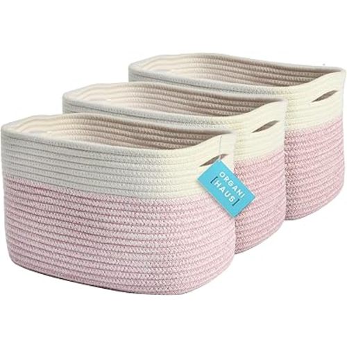 OrganiHaus Set of 3 Pink Woven Baskets for Organizing, Cotton Rope Basket for Decor, Shoe Basket Organizers & Storage, Decorative Storage Baskets & Bins, Cute Storage Basket for Toys & Cloths