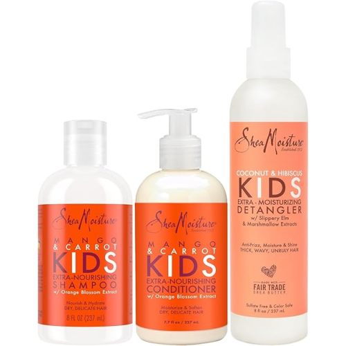 SheaMoisture Kids Mango & Carrot Shampoo and Conditioner Set w/Orange Blossom Extract + Coconut & Hibiscus Extra-Moisturizing Detangler Spray, Anti-Frizz Hair Products for Kids