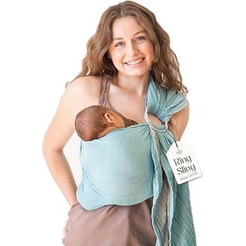 Ring Sling Baby Carrier - USA Lab Tested, 100% Natural Cotton Muslin, Breathable & Ergonomic Ring Sling Grey Turquoise