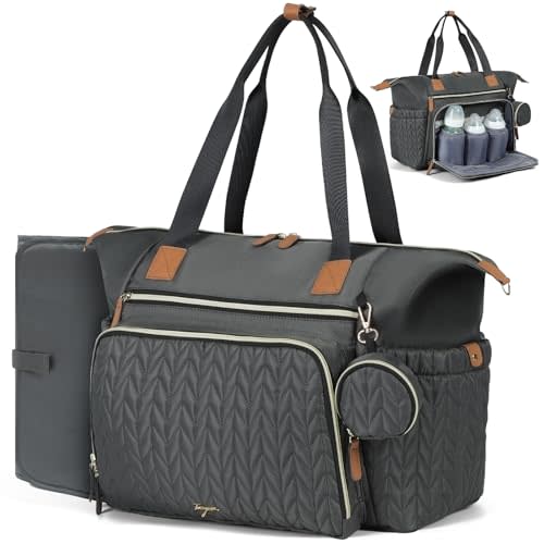 Diaper Bag Tote, Large Baby Hospital Bag for Labor Delivery Mom | Travel Diaper Tote with Changing Pad, Pacifier Case, Insulated Pockets, Luggage Sleeve, Shoulder Strap, Dark Gray