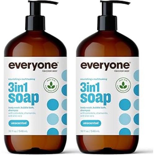 Everyone 3-in-1 Soap, Body Wash, Bubble Bath, Shampoo, 32 Ounce (Pack of 2), Unscented, made for Men and Women