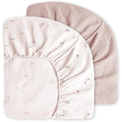 Little Grape Land Muslin Crib Sheets, 100% Cotton Sheets 2 Pack for Standard Crib and Toddler Bed Mattress, 52"x28" Soft Breathable Neutral Crib Sheets Fitted for Boys Girls(Fog Flower)