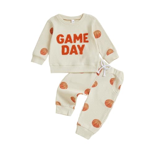 Toddler Baby Boy Basketball Outfit Game Day Sweatshirt and Wraffle Knit Pants Set 2Pcs Infant Fall Winter Clothes