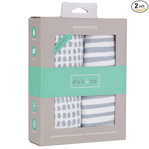 Ely’s & Co. Patent Pending Waterproof Bassinet Sheet 2-Pack Set for Baby Boy - 100% Cotton, Jersey Knit Cotton Sheets with Waterproof Lining — Misty Blue, Stripes and Splashes