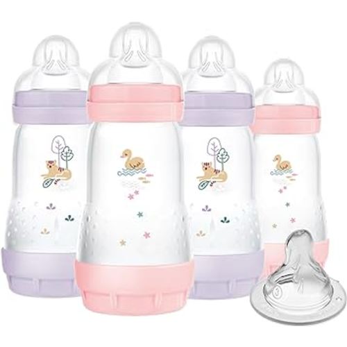 MAM 9oz Easy Start Anti-Colic Baby Bottles, Medium Flow with Bonus Fast Flow Nipple, Breastfeeding-Like Silicone, Reduces Colic and Gas, Easy-to-Clean, BPA-Free, 2 Plus Months