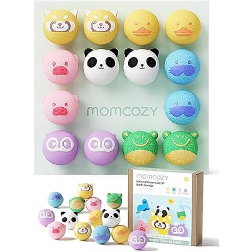 Momcozy Essential Oil Bath Bombs,14 Pcs Bubble Bath Fizzy Balls with 7 Cute Animal Shapes,Bath Bombs Gift Set for Kids Girls Boys Toddler, Ideal Gift for Children's Day, Bath Bomb Kit