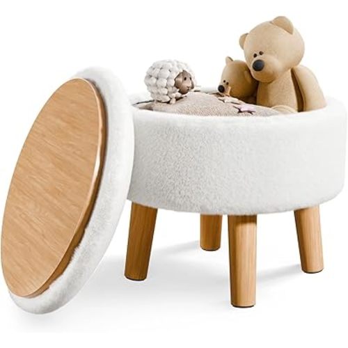 Poofzy Ottoman with Storage, Faux Fur Storage Ottoman, Small Foot Stool Ottoman with Wood Legs, Small Ottoman Foot Rest for Couch, Living Room and Bedroom - White