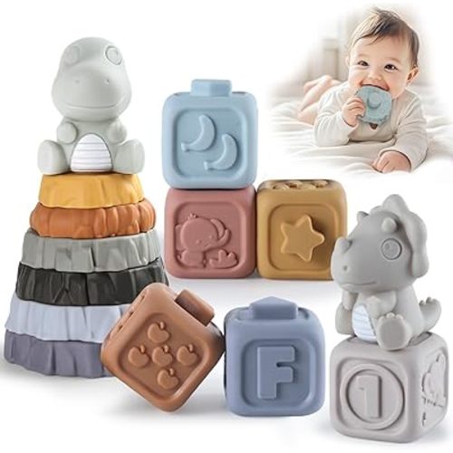 Stacking Rings & Nesting Building Blocks for Babies 6 12 18 Months, 14 Pcs Soft Stacker Teething Toys with 2 Dinosaur, Montessori Learning Toys for Infant Toddler Boys Girls