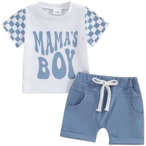 Toddler Boys Summer Outfits Mamas Boy Checkerboard Short Sleeve T-Shirts Tops and Elastic Waist Shorts Clothes Sets