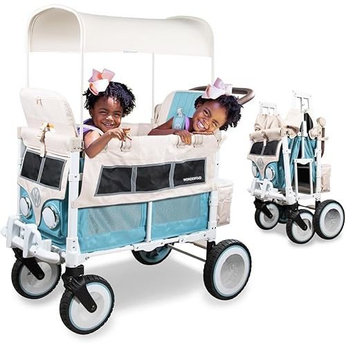 WONDERFOLD Volkswagen Double Stroller Wagon (2 Seater) - Foldable Wagon Stroller with Classic VW Bumper, Headlights, and Retro All-Terrain XL Wheels, Bondi Blue