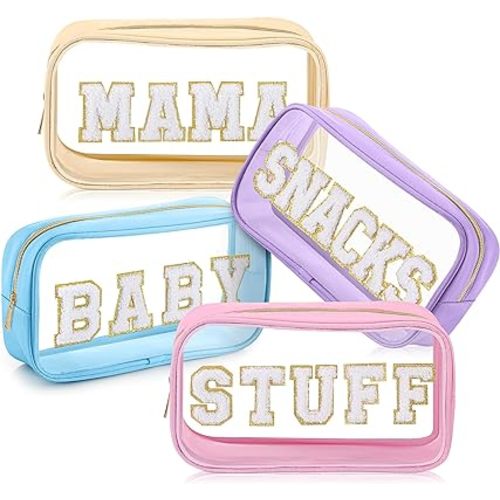 4 Pcs Mama and Baby Toiletry Bag Clear Chenille Letter Pouch Snacks Makeup Stuff Travel Diaper Bag Preppy Transparent Pouch with Zipper for Women Gift(Macarons Color)