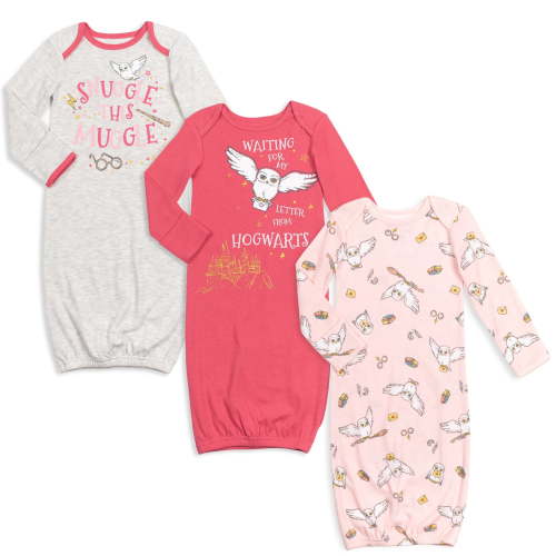 Harry Potter Hedwig Owl Newborn Baby Girls 3 Pack Sleeper Gown Red / Pink / Heather Grey Newborn