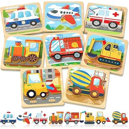 Benresive Wooden Toddler Puzzles, Montessori Toys for 1 2 3 Year Old Boys, Toys for 1 2 3 Year Old Boy Birthday Gifts, 8 Pack Vehicle Toddler Learning Educational Puzzles