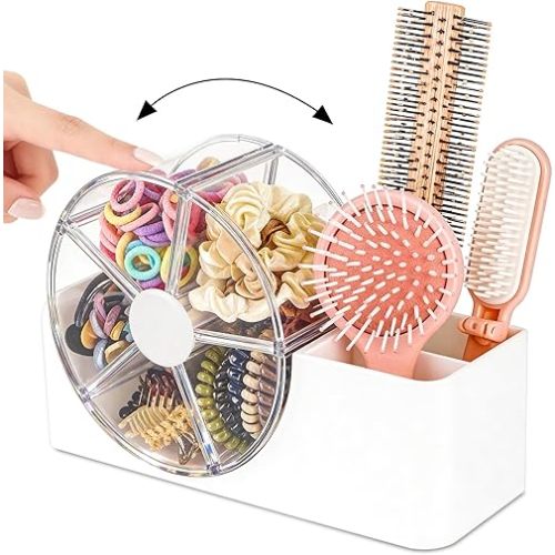 Hair Accessories Organizer for Girls, 2-Slot Hair Brush Holder & 5-Section Rotating Wheel, Cute Makeup Brush Holder for Hair Tile, Clip, Makeup Brush, Earring, Ring, Kids Vanity Accessories (White)