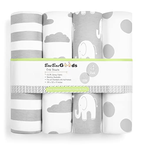 BaeBae Goods Premium Crib Sheets for Baby Boys and Girls, 3 Pack, Soft and Breathable Jersey Cotton Fitted Sheet Set, Grey and White, Cute Gender Neutral Nursery Mattress Bedding, Universal Fit
