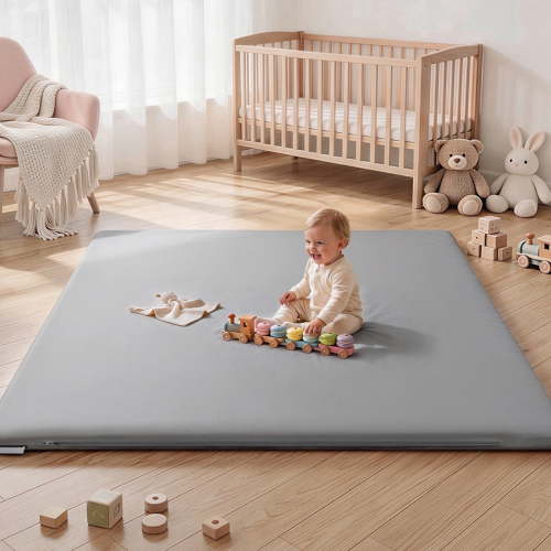 Baby Play Mat, Caveen Vegan Leather Baby Floor Mat Playpen Mat, Thicken Soft Crawling Mat for Infant, Wipe-Clean, 50"x 50", Gray