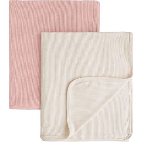 Konssy Knit Baby Blanket 2 Pack, Soft Ribbed Swaddle Receiving Blankets for Boys & Girls, Lightweight Cozy Swaddling Wrap for Newborns, Infants, & Toddlers, 33x42 Inch (Pink,Beige)
