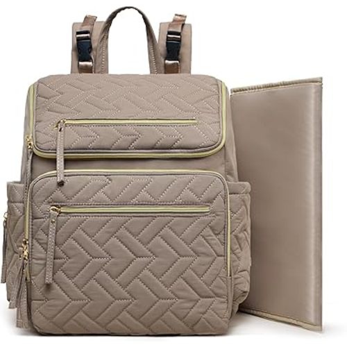 Diaper Bag Backpack Baby Large Travel Work School Backpack for Women with 17 Bag Organizers,4 Insulated Pockets,Portable Changing Pad,Stroller Buckles,Brown