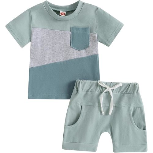 fhutpw Baby Toddler Boy Clothes Summer Outfits 6 12 18 24 Months Patchwork Short Sleeve T Shirt & Shorts Sets with Pockets