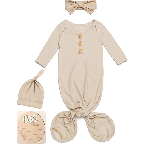 Baby Noah Newborn Knotted Gown, Ultra-Soft Silky Long Sleeve Sleeper, Unisex Coming Home Outfit Set With Wooden Announcement Sign (Khaki, Newborn)