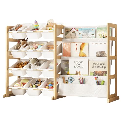 Toy Storage Organizer with Bookshelf - 12 Storage Bins 4-Tier Multipurpose Shelf to Organize Toys and Books for Kids Room, Playroom, Nursery Room, White