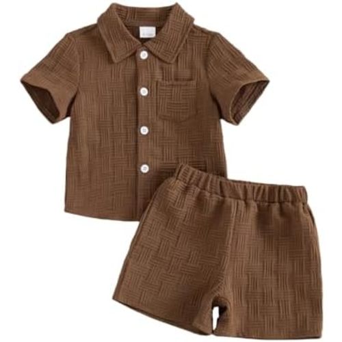 Thorn Tree Toddler Boy Outfit Button Down Shirt Short Sleeve Tops Elastic Waist Shorts Solid Baby Clothes Summer Outfits