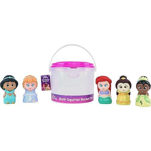 Disney Princess - 5 Piece Bath Squirter Bucket Set -Bath Toys for Baby and Toddlers - Includes Organizer Bucket - Store Bath Time Water Toys