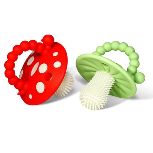 RaZbaby Soft Silicone Infant & Baby 3M+ Teether Toy Massaging Bristles Teething Relief Pacifier - Soothes Sore Gums - Hands-Free & Easy-to-Hold Chompy Teether, BPA Free (RED/Green)