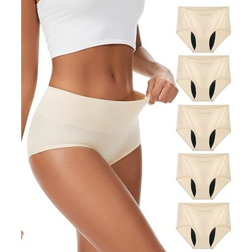 Incontinence Underwear For Women, Reusable Washable Leak-proof Lightweight Briefs for Postpartum, Bladder Leak, 5 Pack (Beige, X-Large)