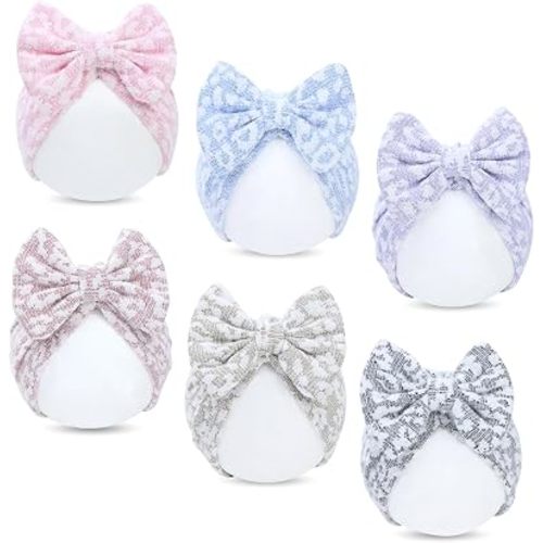 Cinaci 6 Pack Nursery Hospital Caps Bonnets Beanies Headwraps Turban Hats with Bow for Baby Girls Newborns Infants Toddlers