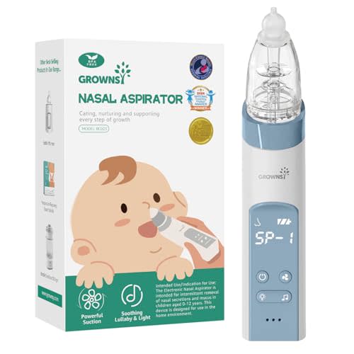 GROWNSY Nasal Aspirator for Baby, Electric Nose Aspirator for Toddler, Baby Nose Sucker, Automatic Nose Cleaner with 3 Silicone Tips, Adjustable Suction Level, Music and Light Soothing Function, Blue