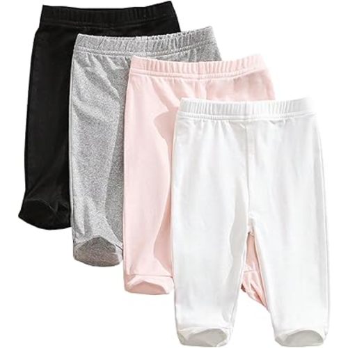 Baby Girls Pants 4 Pack Elastic Waist Solid Spring Fall Casual Pants Basic Clothes for Toddler Girl 0-9 Months
