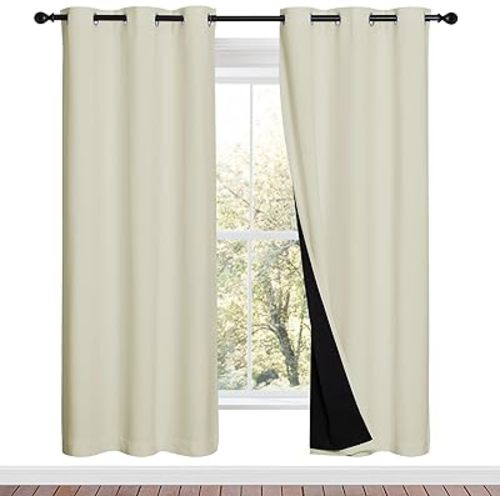 NICETOWN Living Room Completely Shaded Draperies, Privacy Protection & Noise Reducing Ring Top Drapes, Black Lined Insulated Window Treatment Curtain Panels (Beige, 2 Pieces, W42 x L72)