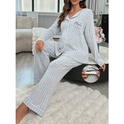 Moonlight & Mama Pocket Letter Print Fleece Ribbed Collar Long Sleeve Top And Pants Maternity Lounge Set Cozy And Elegant Details, Fall Winter Clothes | SHEIN USA