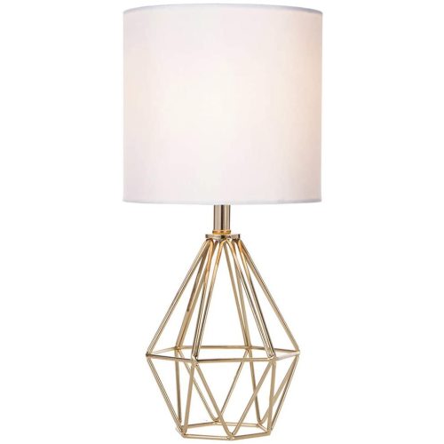 Gold Modern Hollow Out Base Bedroom Small Table Lamp,Bedside Nightstand Lamp with Geometric Metal Base White Fabric Shade,Cute Desk Lamp for Kids Living Room
