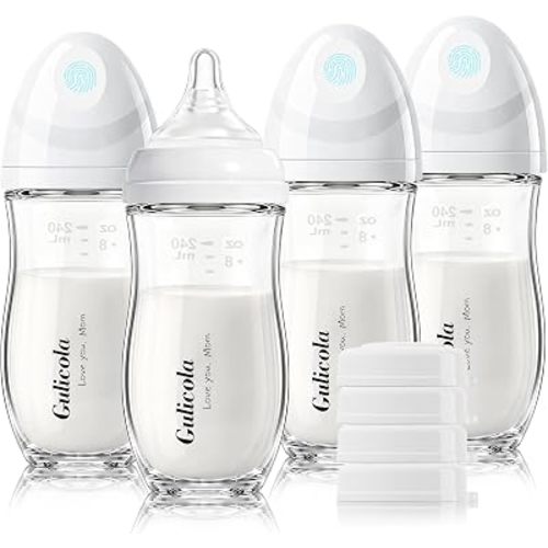Gulicola Natural Glass Baby Bottle 8 oz for Breastfed Babies, Anti-Colic Baby Bottle Set with Medium Flow Nipple, 3 Months +, 4 Pack - White