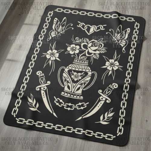 Tattoo Flash Sherpa Fleece Blanket Traditional Tattoo Throw Blanket Couch Tapestry Tattoo Artist Gift Floral Vase Dagger Gothic Bedding Goth