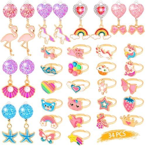 Adjustable Kids Jewelry for Girls in Box, No Duplication Clip on Earrings, Pretend and Dress Up Jewelry for Toddler Age 3-4, Princess Party Favors, Birthday Gifts for 3 4 5 6 7 8 9 Year Old Girls