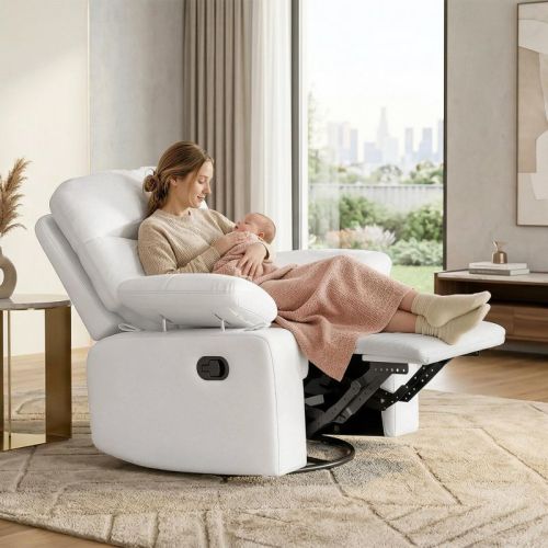 TYBOATLE Swivel Rocker Recliner Chair, Manual Glider Nursery Chair with Overstuffed Backrest & Adjustable Armrest for Living Room, Beige