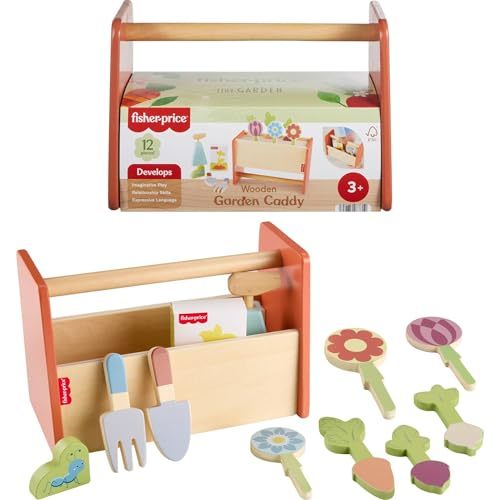 Fisher-Price Wood Pretend Play Toy Tiny Garden Caddy, 12-Piece Set with Wooden Tools & Plants for Preschool Kids Ages 3+ Years (Amazon Exclusive)