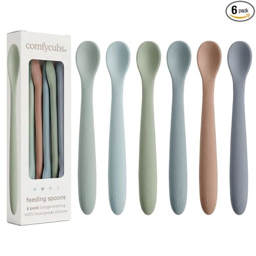 Comfy Cubs Silicone Baby Spoons Set 6-Pack, Ocean 6.46 x 0.95 in – BPA Free, Soft Gum-Safe Toddler Eating Essentials – Lightweight & Flexible Baby Spoons, Dishwasher Safe, Fun Utensils for Babies