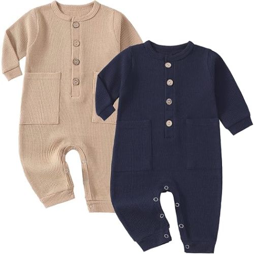 Baby Boys 2 Pack Romper Ribbed Long Sleeve One-Piece Jumpsuit Clothes | Waffles Solid Ribbed Romper,Knit Cotton Jumpsuit,Soft, Breathable, Light-weight,Classic Round Neck with Wooden Buttons